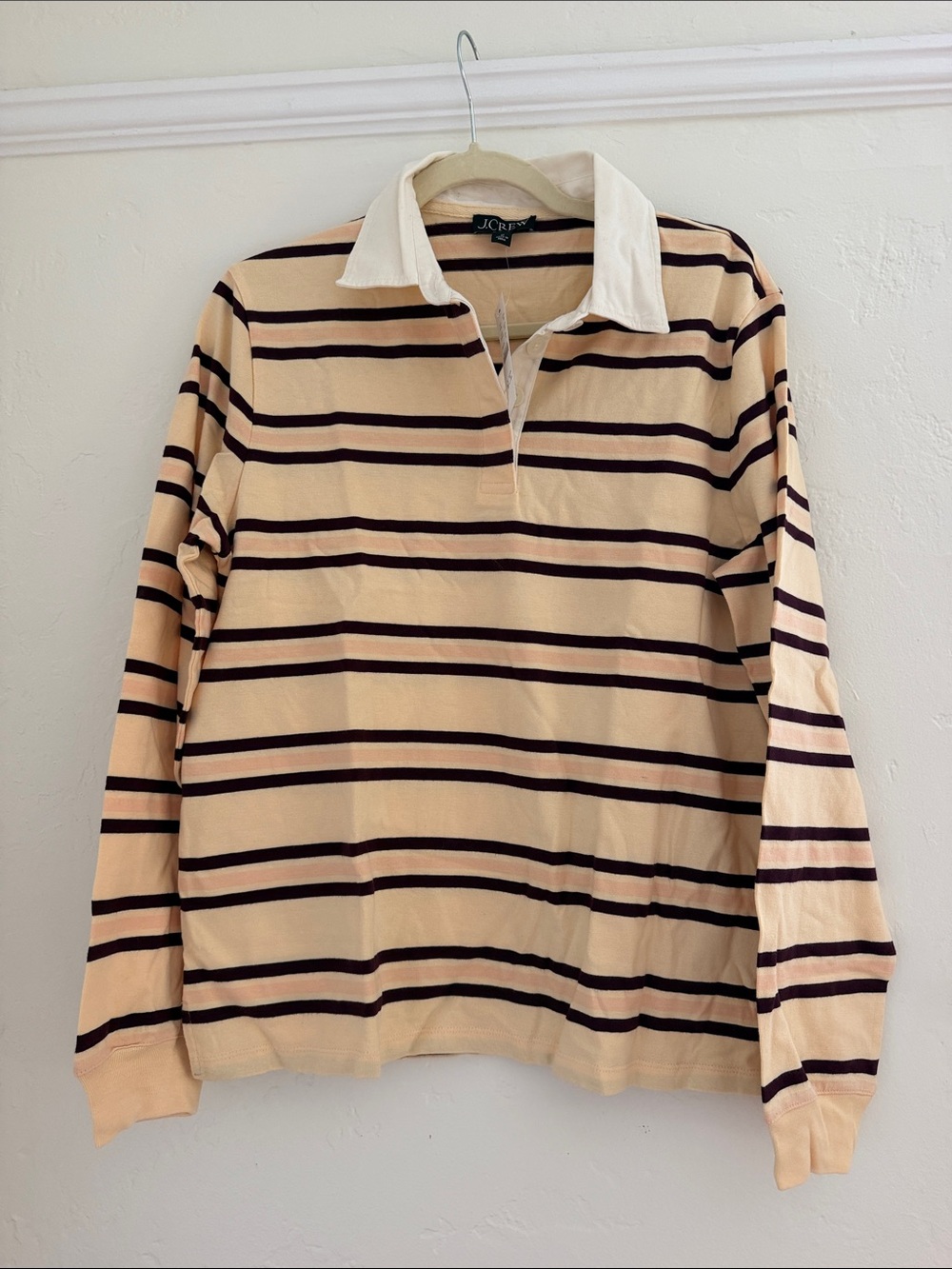 J. Crew Cream Rugby Polo with pink and burgundy  Stripes